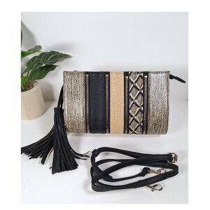 Sondra Roberts Vegan Leather Woven Embossed Zipper Tassel Accent Crosbody Clutch